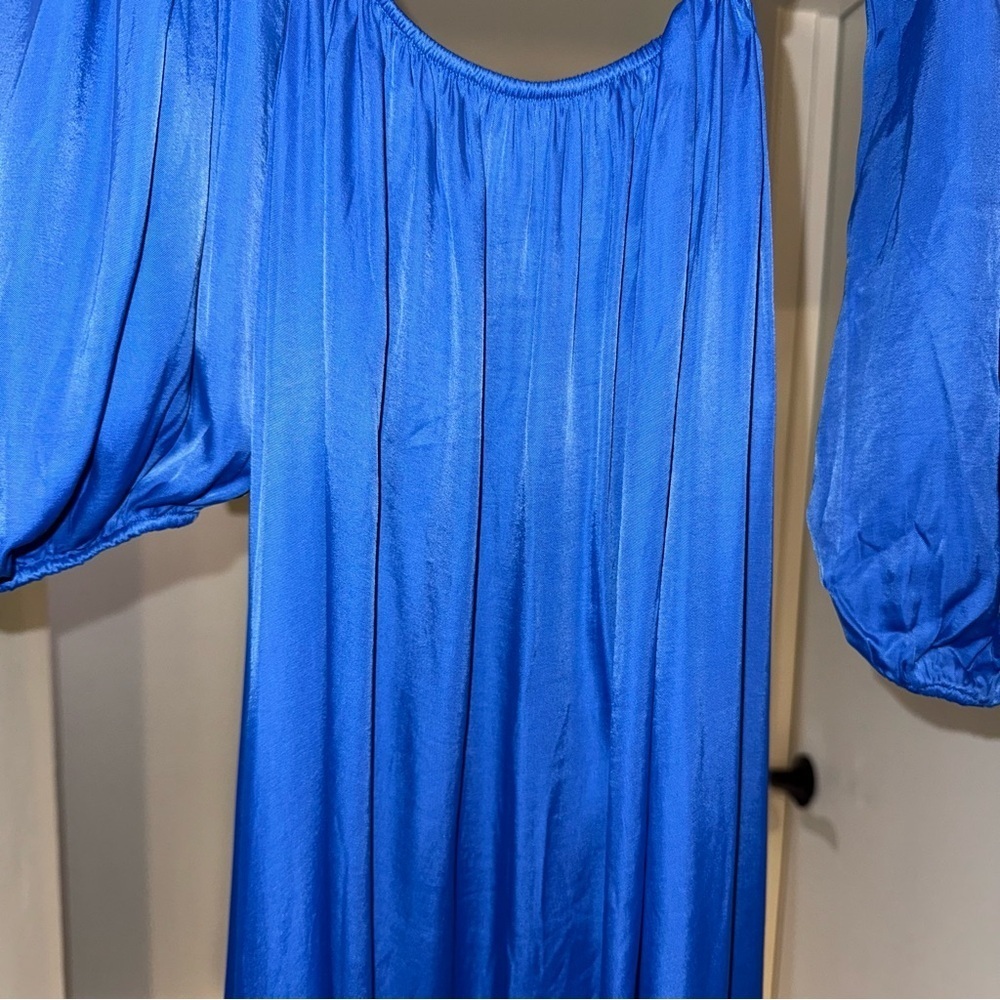 Farm Rio Blue Satin Long Sleeve Cut Out Knot Royal Blue Midi Dress Sz Small NWT - Picture 7 of 16